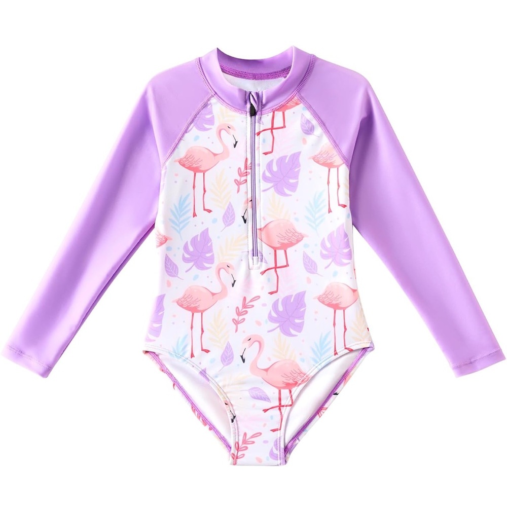 Girls Long-Sleeve Flamingo One-Piece Swimsuit - Lilac/Pink